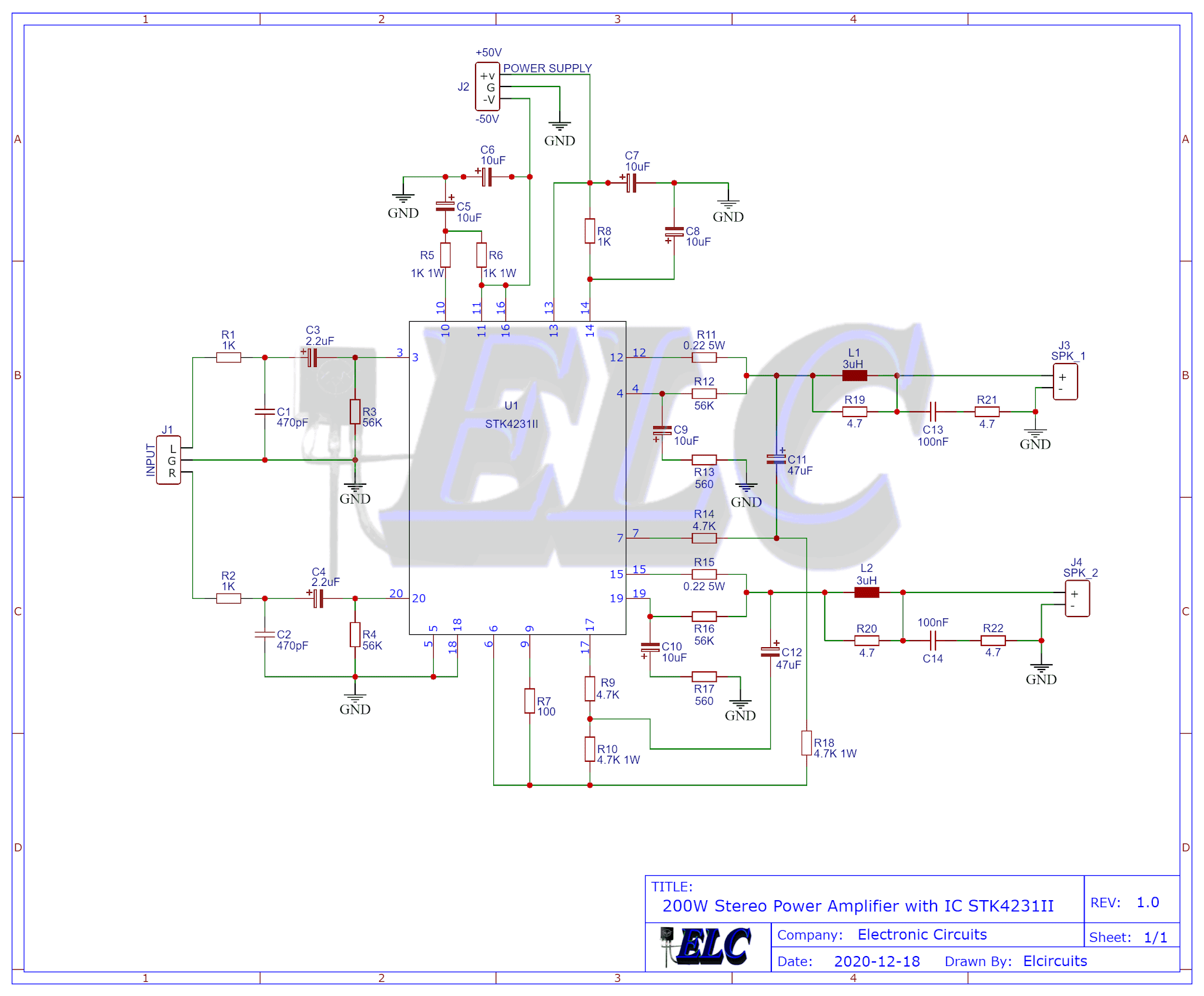 Schematic diagram of 200W Stereo power amplifier IC STK4231II