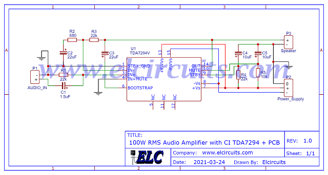 Fig. 2 - Schematic diagram 100W RMS Audio Amplifier IC TDA7294