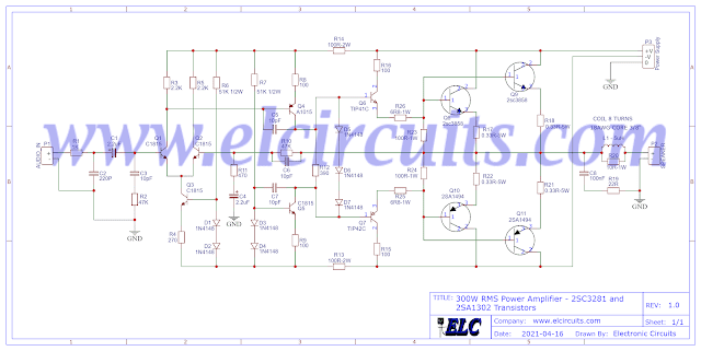 Fig. 2 - Schematic 300W RMS Power Amplifier - 2SC3858 and 2SA1494 Transistors