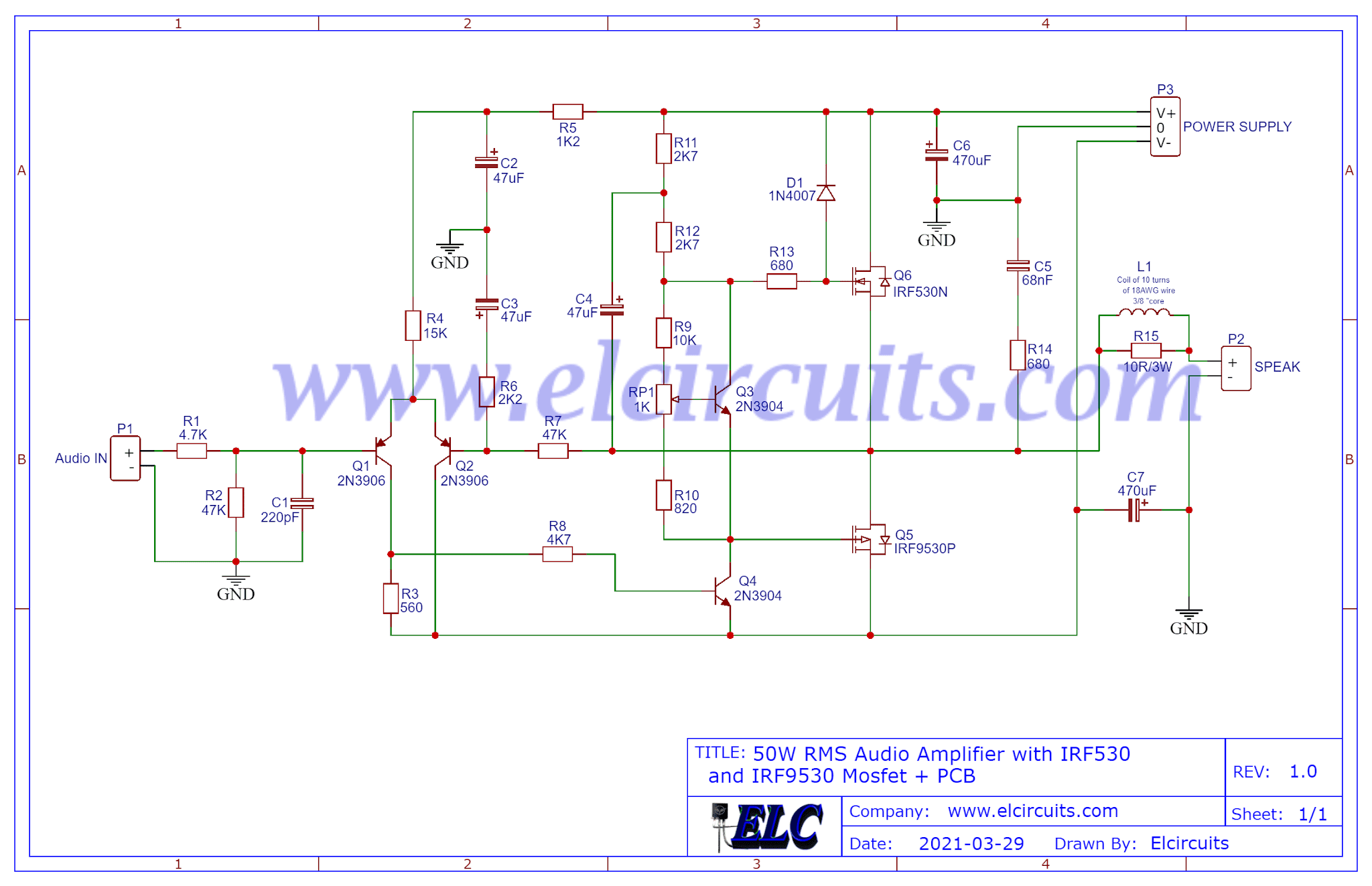 Fig. 2 - 50 Watt Amplifier Circuit Diagram