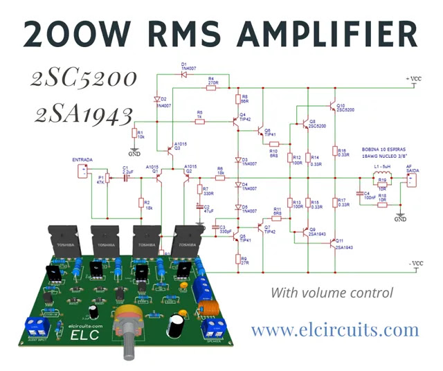 200W RMS Power Amplifier using 2SC2500 AND 2SA1943 transistors - eclircuits.com
