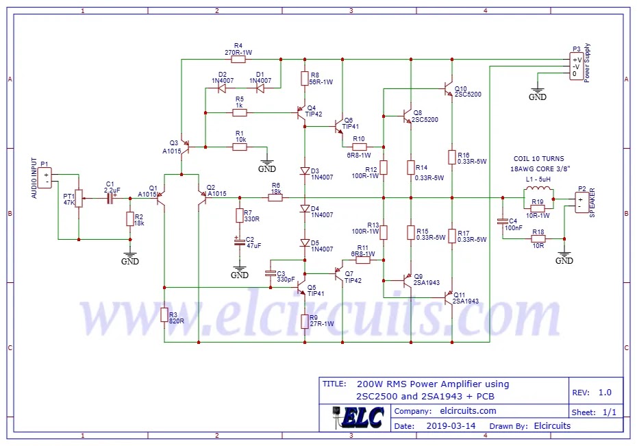 200W RMS Power Amplifier with 2SC2500 and 2SA1943 - elcircuirs.com