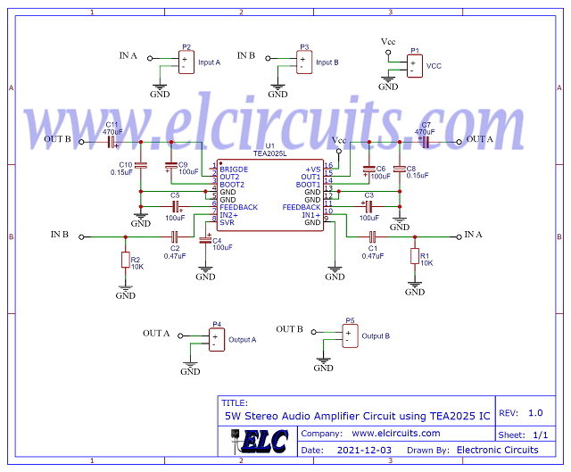 Schematic 5W Stereo Audio Amplifier Circuit using TEA2025 IC