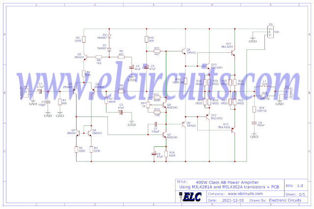 Fig. 2 - Schematic 400W Class AB Amplifier using MJL4281A and MJL4302A transistors