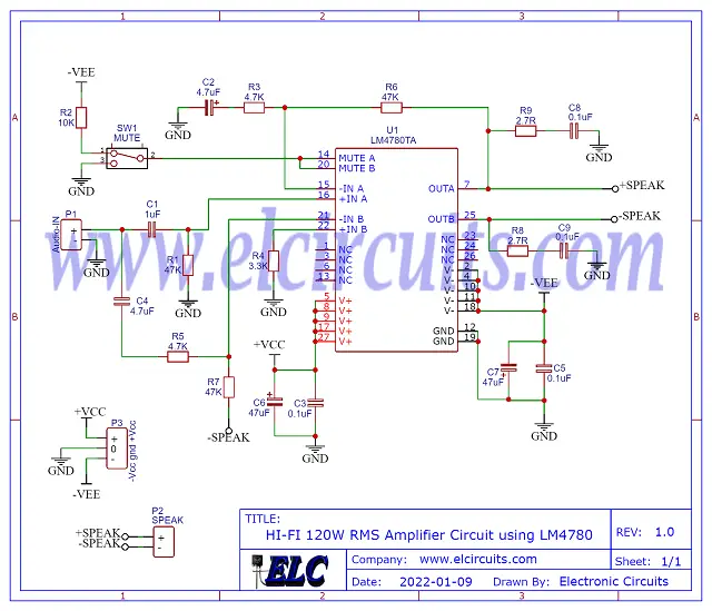Fig. 2 - Schematic diagram of Hi-Fi Amplifier 120W RMS with IC LM4780