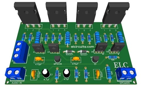 Fig. 3 - PCB 160W High Fidelity Amplifier using Mosfet 2SK1058 and 2SJ162