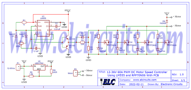 Fig. 2 - Schematic Circuit 12-36V 60A PWM DC Motor Speed Controller Using LM555