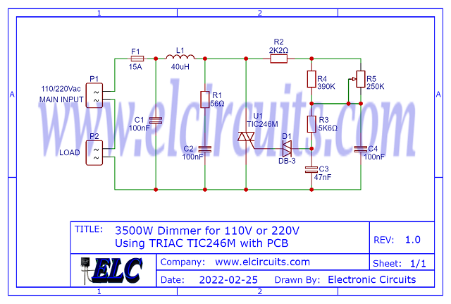 Fig. 2 – Schematic Circuit 3500W Dimmer for 110V or 220V using TRIAC TIC246M