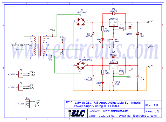 Fig. 3 - Schematic Diagram 1.5V to 28V, 7.5 Amps Adjustable Symmetric Power Supply using IC LT1083