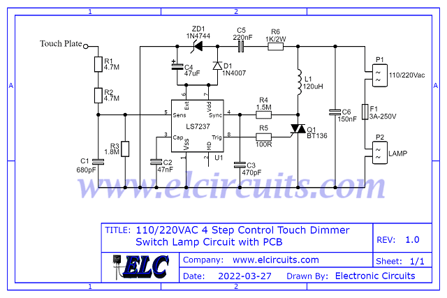 Schematic 110/220VAC 4 Step Control Touch Dimmer Switch Lamp Circuit