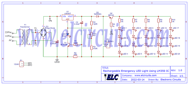 Fig. 2 - Schematic Diagram Rechargeable Emergency LED Light Using LM350 IC
