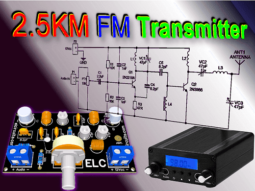 2.5KM FM transmitter, using transistor 2N3866 with PCB