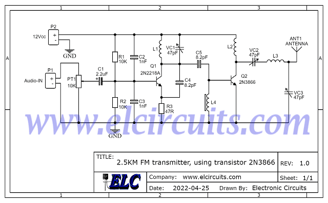 Schematic 2.5KM FM transmitter, using transistor 2N3866